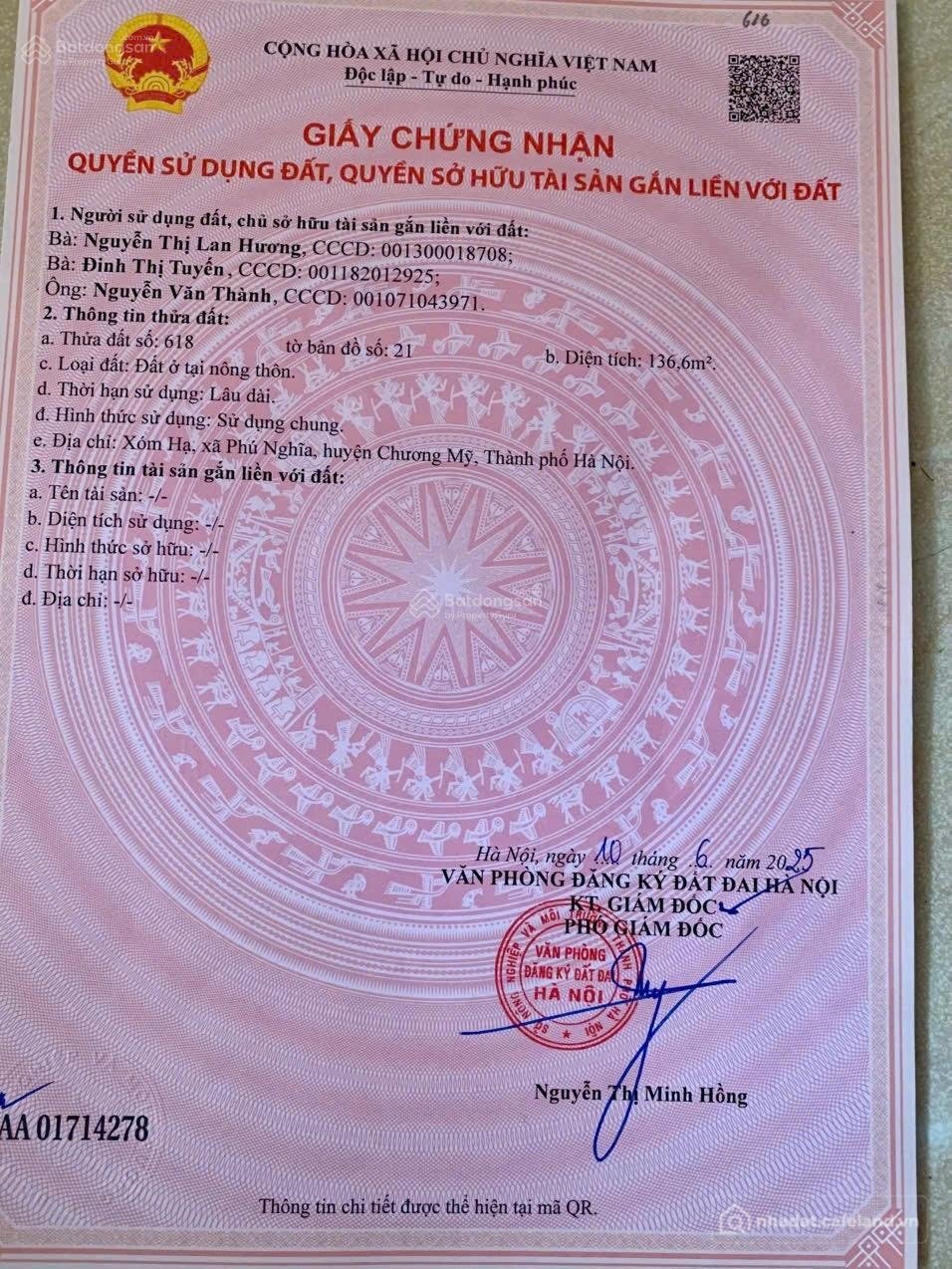 Bán đất thổ cư: Cần Bán Lô Đất 136,6m Xóm Hạ,Phú Nghĩa, Hà Nội