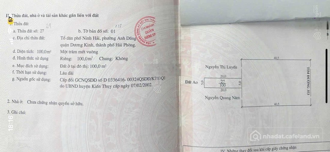 Bán đất thổ cư: Mặt đường 353 đối diện Hưng Ngân Riverside diện tích: 100m2 mặt 