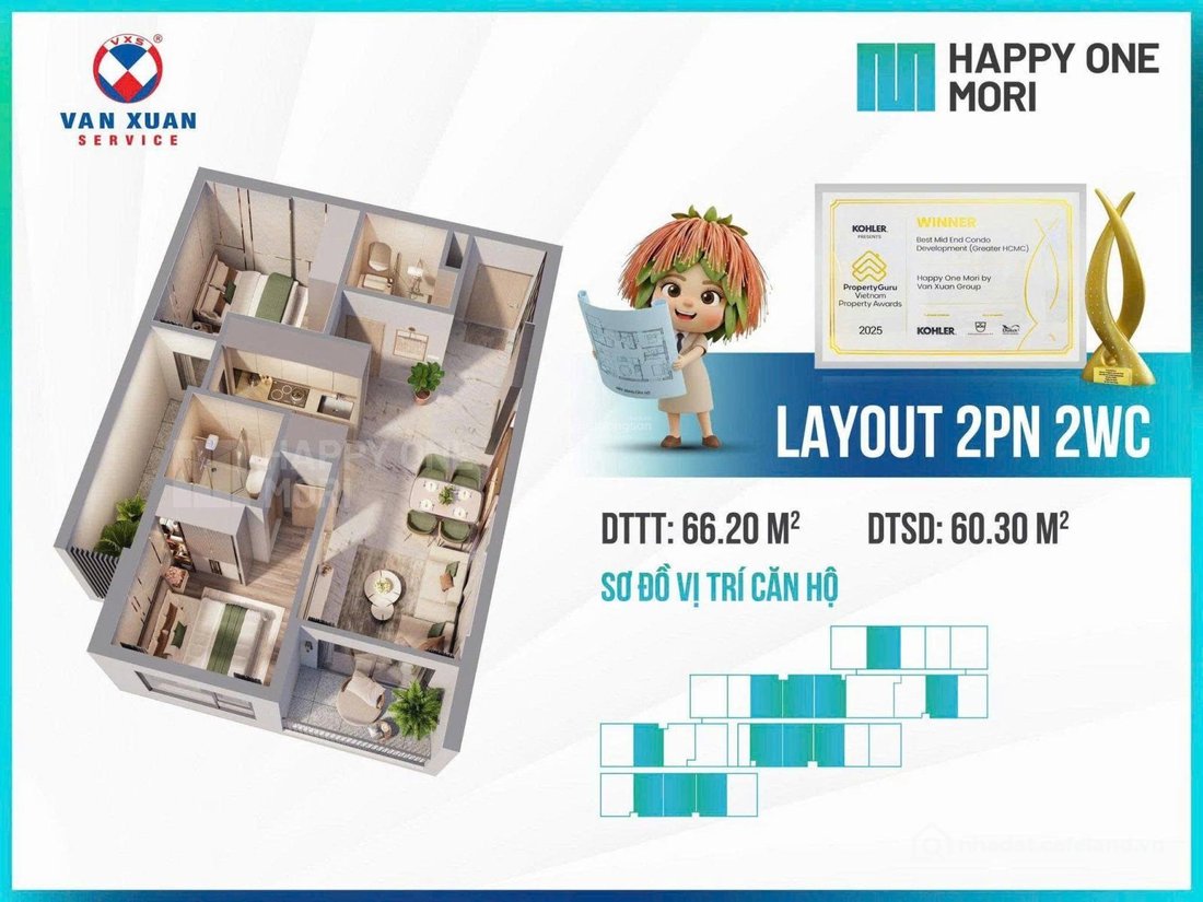 Bán căn hộ chung cư: Căn hộ 2PN - 2WC Happy One Mori, bàn giao hoàn thiện đầy đủ
