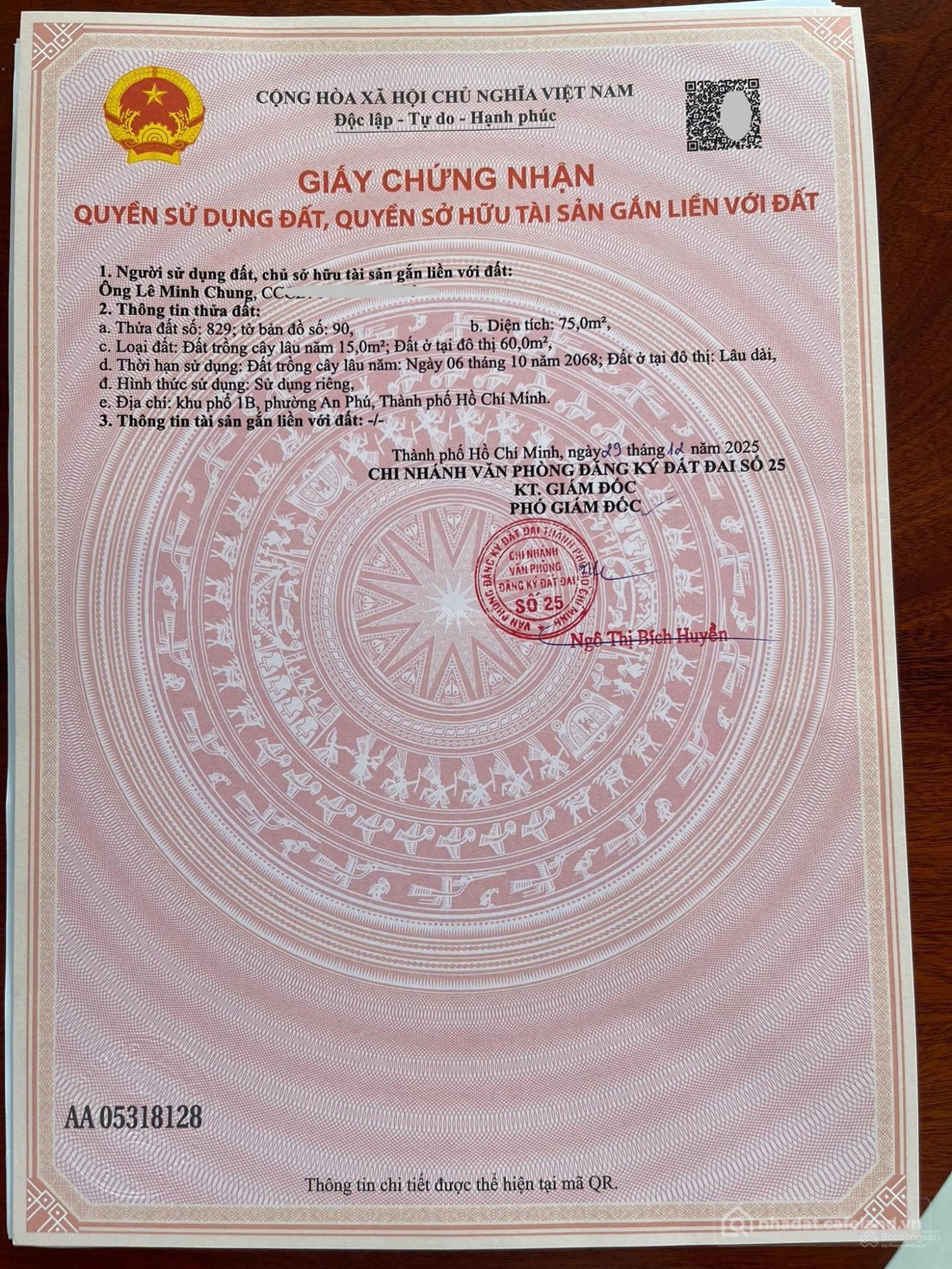 Bán đất thổ cư: Do cần tiền em giảm giá bán nhanh lô đất 75m tại An phú, Thuận a