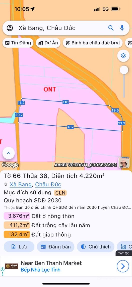 Bán đất thổ cư: Đất Xà Bang, Châu Đức 4.2 sào hai mặt tiền đường, sổ hồng riêng,
