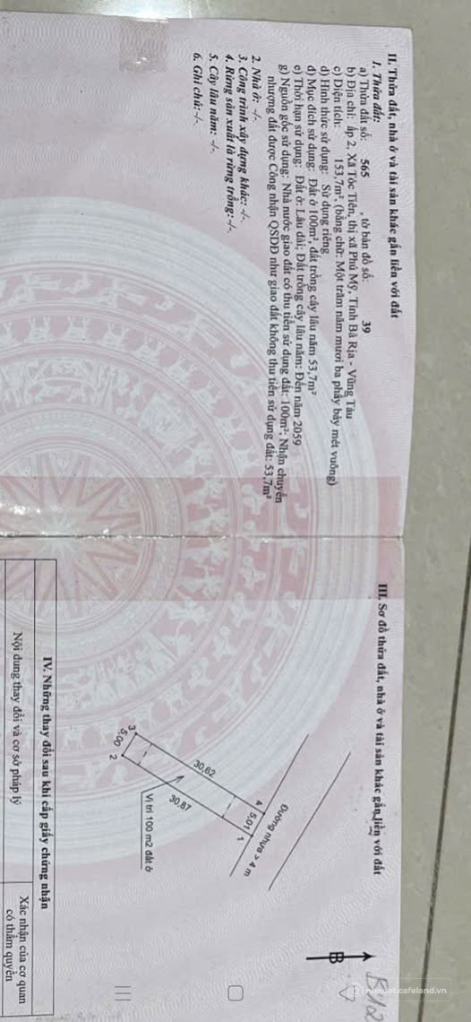 Bán đất thổ cư: Bán gấp lô đất thổ cư mặt tiền đường nhựa, Tóc Tiên, Phú Mỹ