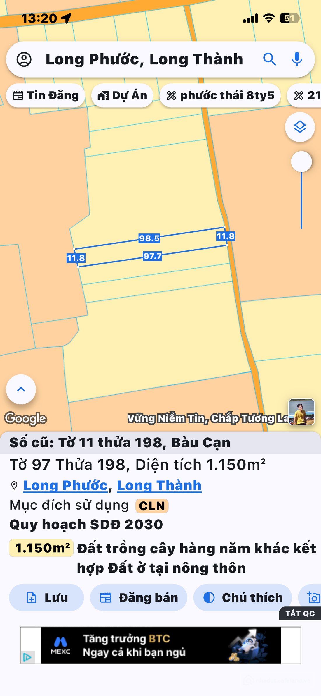 Bán đất thổ cư: 1150m2 gần sân bay long thành giá bán 1ty950