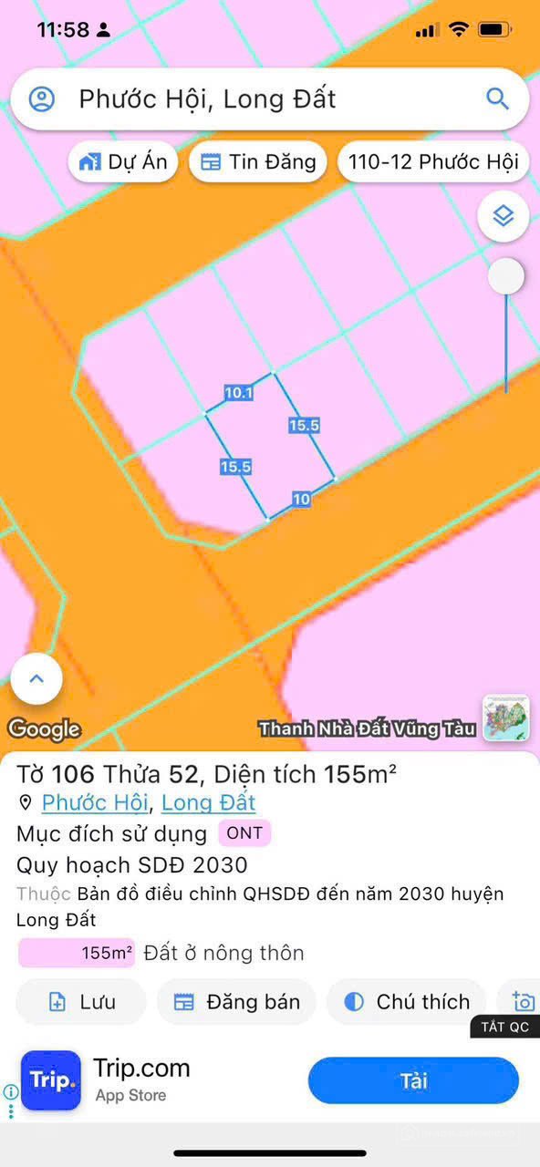 Bán đất thổ cư: Bán đất 155m² full thổ cư ngang 10m giá 1.85 tỷ tại Xã Phước Hải