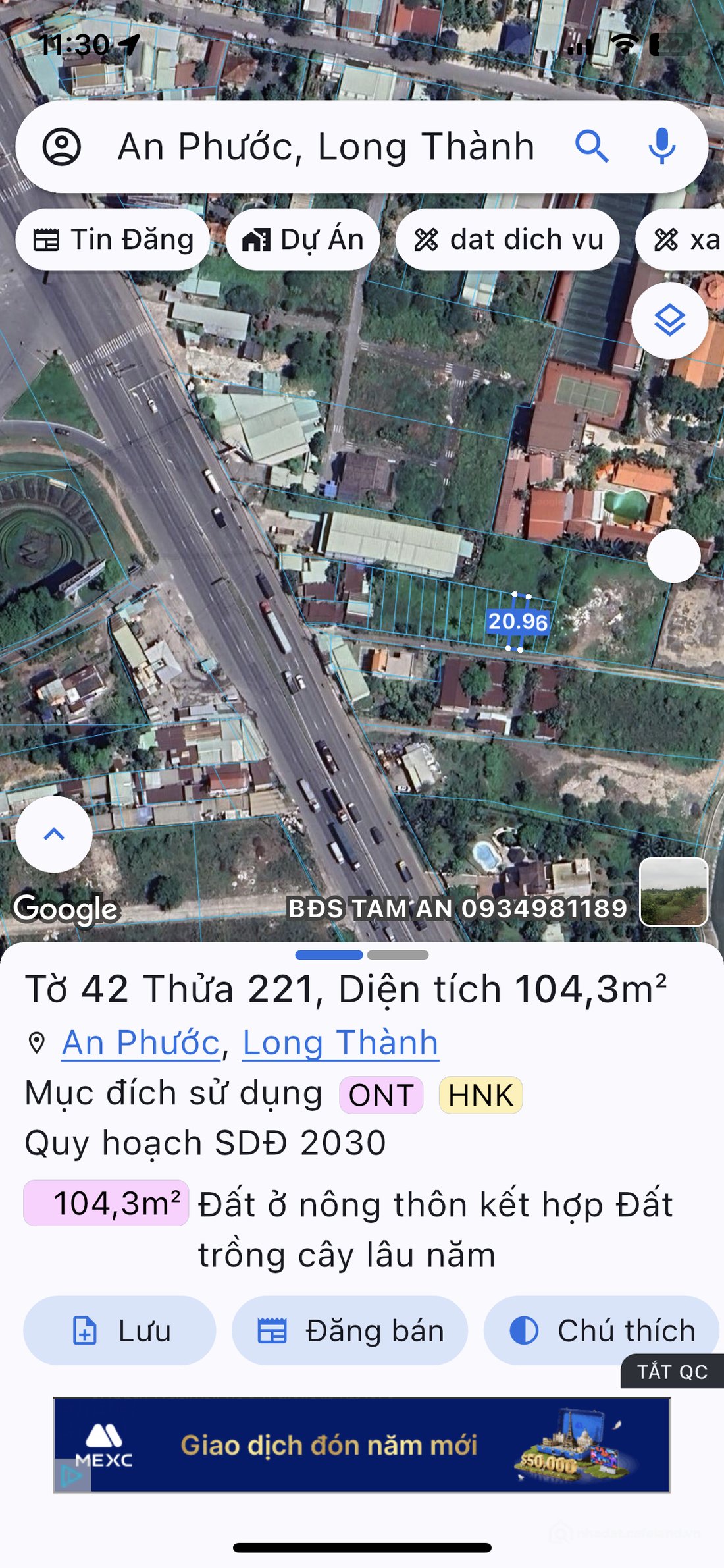 Bán đất thổ cư: 1TY550/ NỀN AN PHƯỚC ĐỐI DIỆN KHU CÔNG NGHIỆP LONG THÀNH