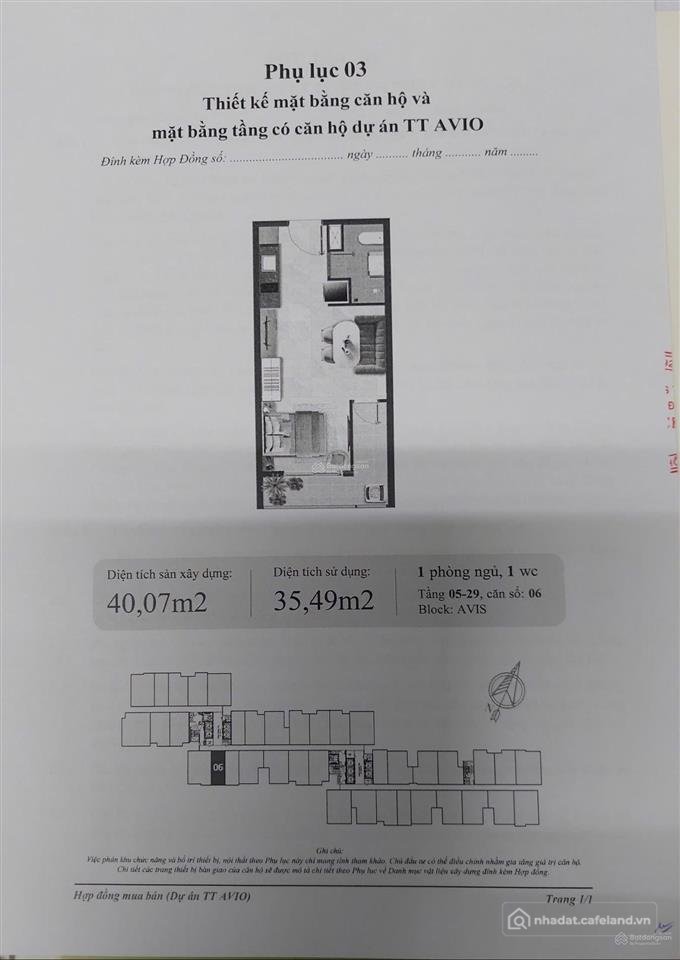 Bán căn hộ chung cư: Bán căn tt avio 1,5 tỷ 40,07m2 tầng 7 tháp avis ko vay, gia