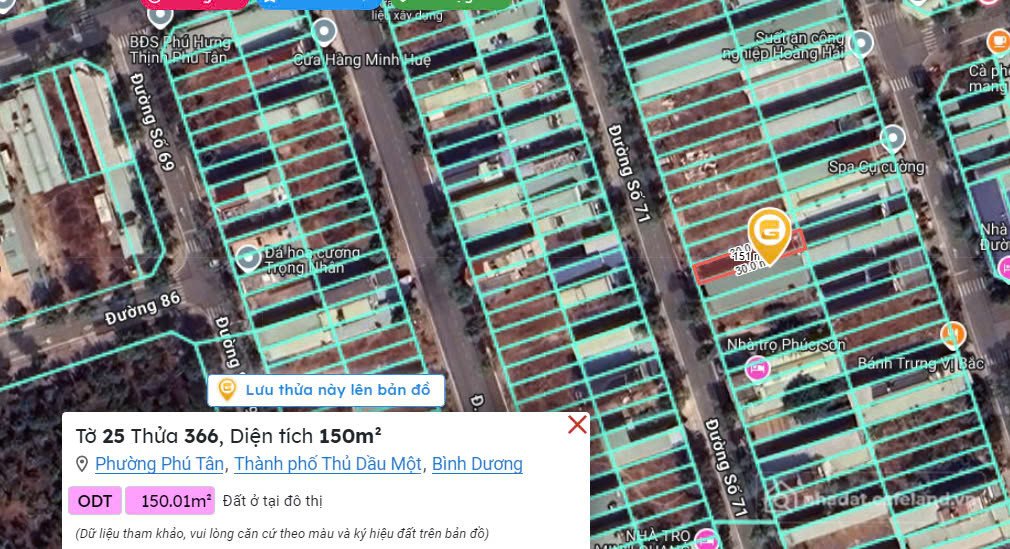 Bán đất thổ cư: Bán 150 m đất Phú Tân TDM đường nhựa dân cư ở đông đúc.