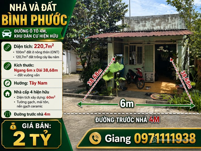 Bán nhà riêng: Bán nhà đất đẹp Bình Phước – khu dân cư hiện hữu, hướng Tây Nam, 