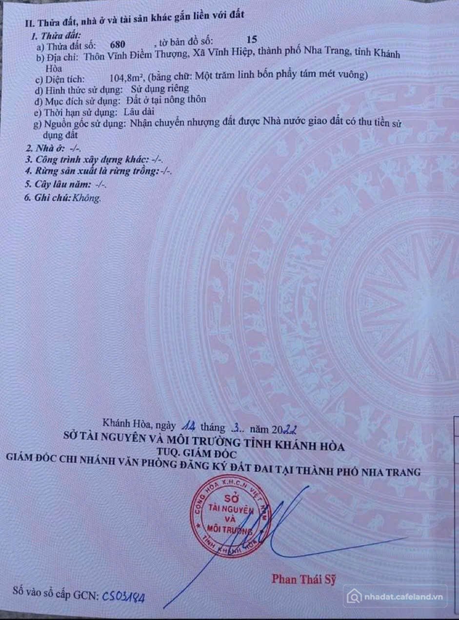 Bán đất thổ cư: Hot Hot . Bán lô đất Vĩnh Hiệp , P Tây Nha Trang . DT 105m2 , fu