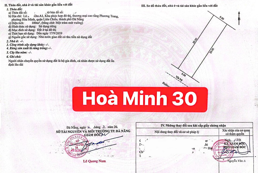 Bán đất thổ cư: Chào bán lô ĐẤT ĐẸP, sát Góc Ngã 4 - Đường Hoà Minh 30 (A1 PHƯƠN