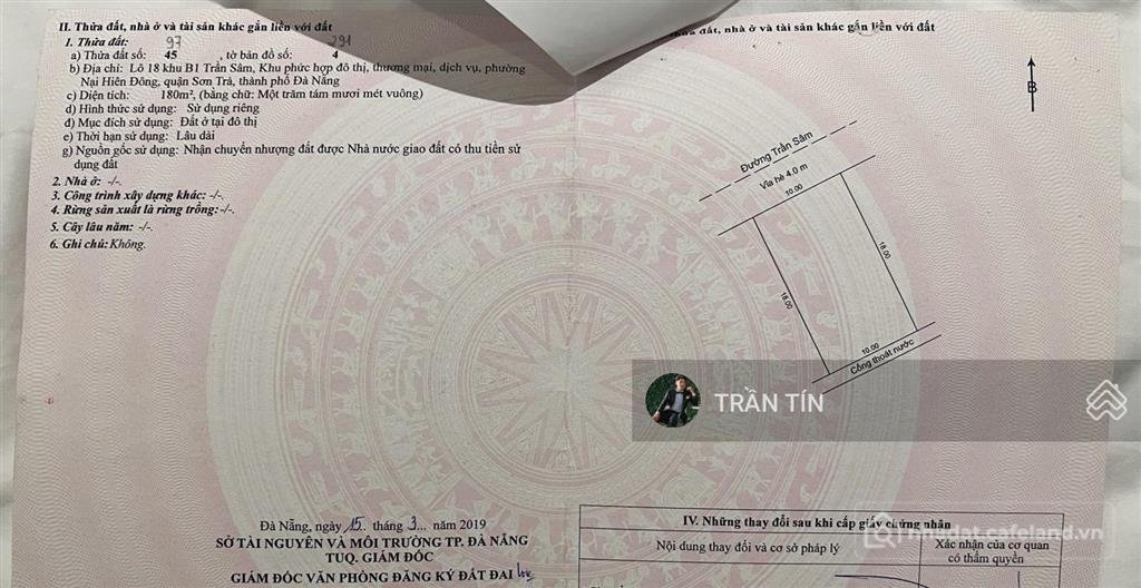 Bán đất thổ cư: Lô đất mặt tiền đường trần sâm, sát khách sạn golden bay, cách s