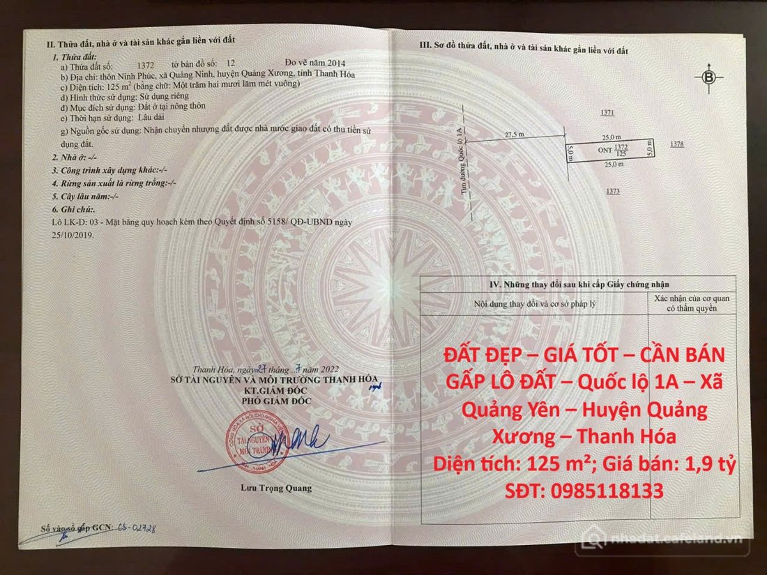 Bán đất thổ cư: ĐẤT ĐẸP – GIÁ TỐT – CẦN BÁN GẤP LÔ ĐẤT – Quốc lộ 1A – Xã Quảng Y