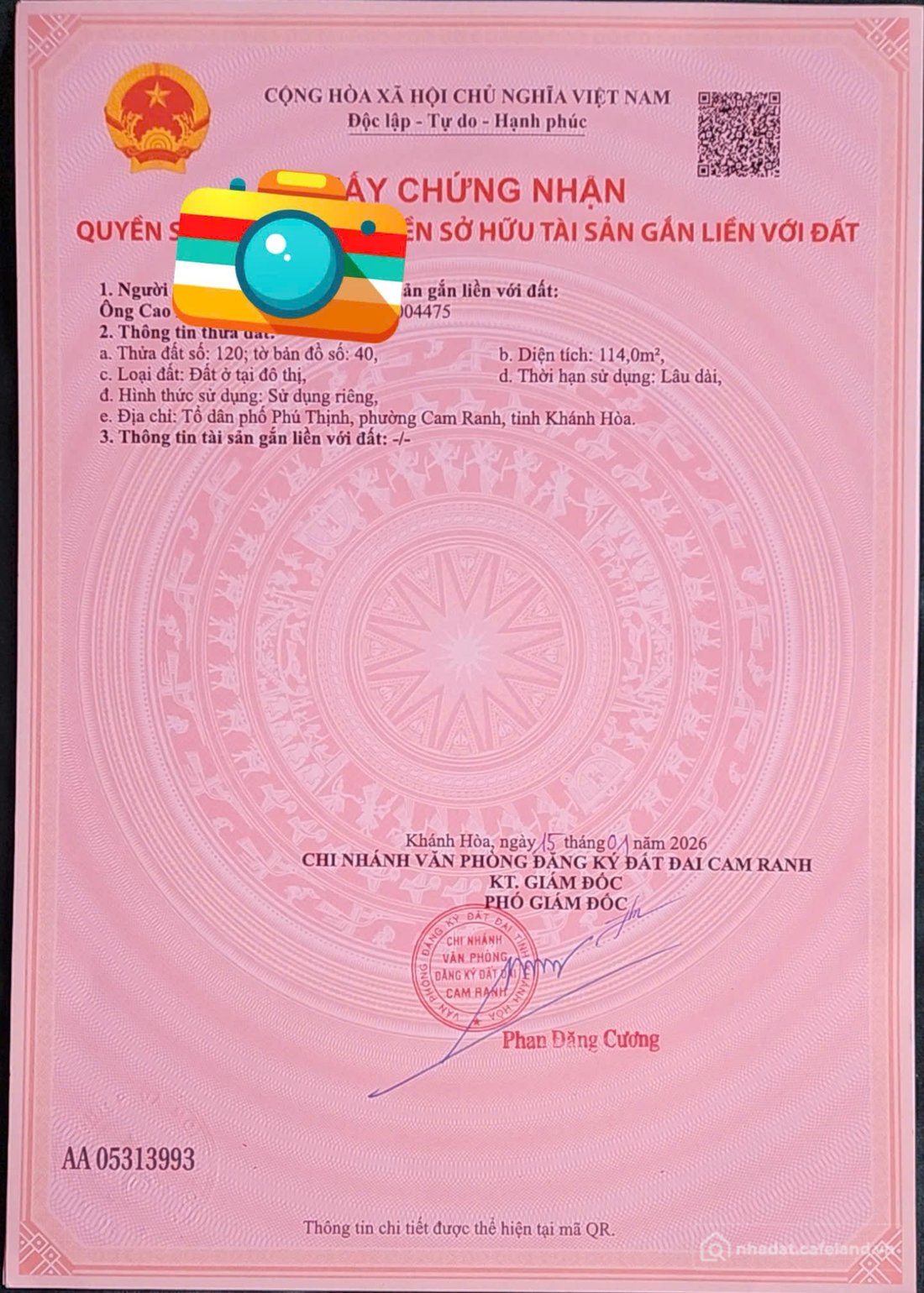 Bán đất thổ cư: Phú Thịnh, Cam Ranh, Khánh Hoà -- diện tích: 114 m2-- giá 1,5tri