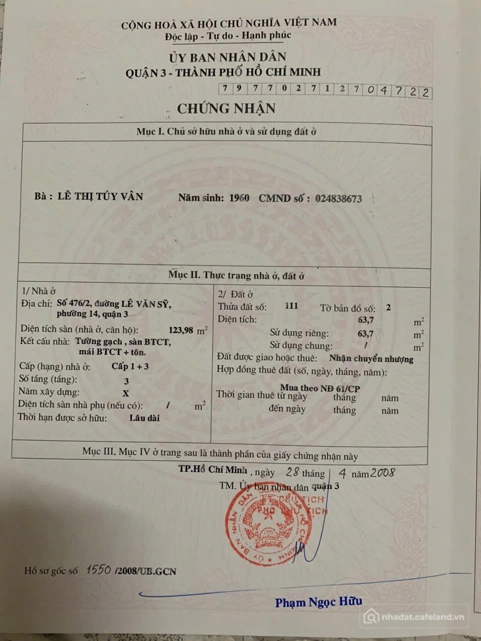 Bán nhà riêng: Chính Chủ Bán Nhà Hẻm 476/2 Lê Văn Sỹ, Phường 14, Quận 3
