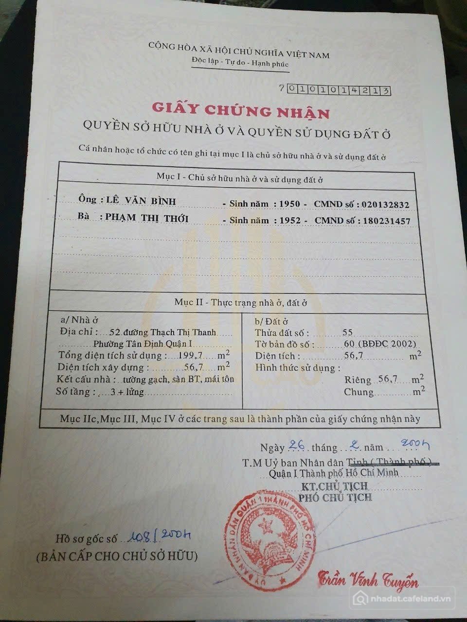 Bán nhà riêng: Chính Chủ Bán Nhà Mặt Tiền 52 Thạch Thị Thanh, Phường Tân Định, Q