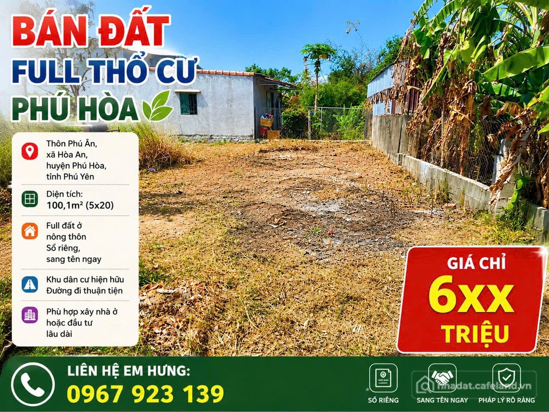 Bán đất thổ cư:  BÁN ĐẤT FULL THỔ CƯ PHÚ HÒA   Thôn Phú Ân, xã Hòa An, huyện 