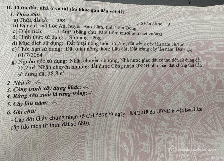 Bán đất thổ cư: Chính chủ gửi bán lô đất 114m², xã Lộc An, Huyện Bảo Lâm, Tỉnh L