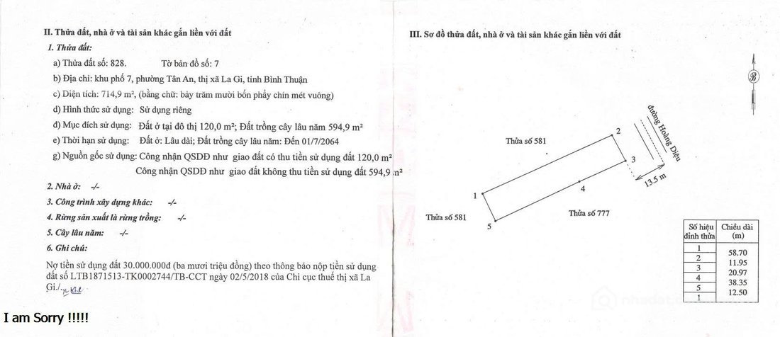 Bán đất thổ cư: Bán đất 714,9m2 tại La Gi, Bình Thuận