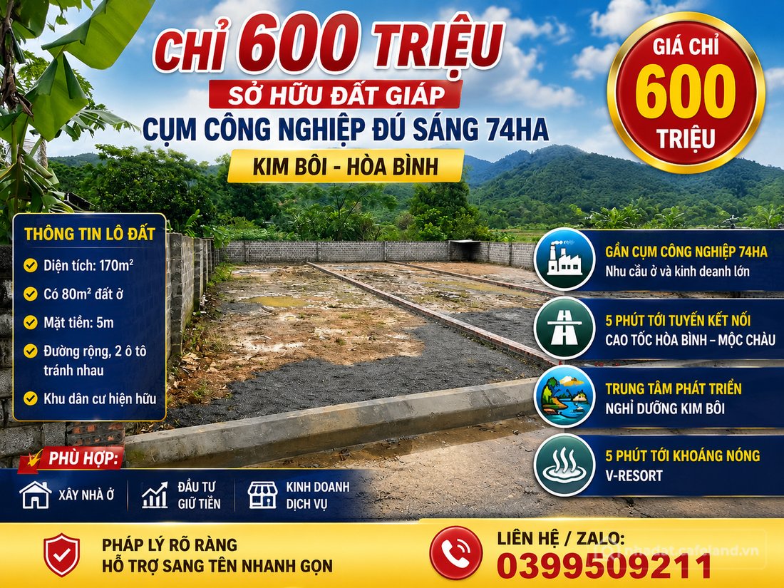 Bán đất thổ cư: Lô đất nằm ngay mặt đường gần các cum khu công nghiệp tiềm nắng 