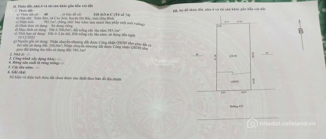Bán đất thổ cư: Hiếm-785m2-bám đường dt433-sát cao tốc hòa bình-mộc châu-cách hà
