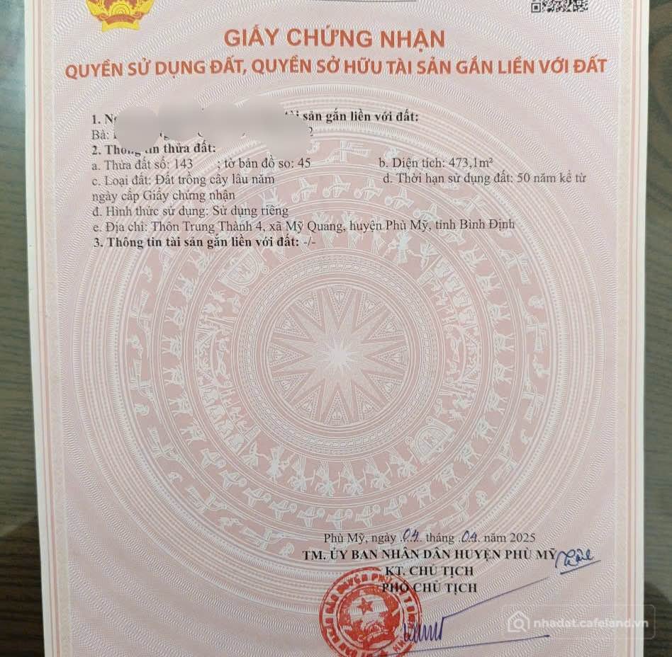Bán đất thổ cư: Đất Mỹ Quang, Phù Mỹ 500m² ngang 22m, sổ hồng sẵn sàng, giá chỉ 