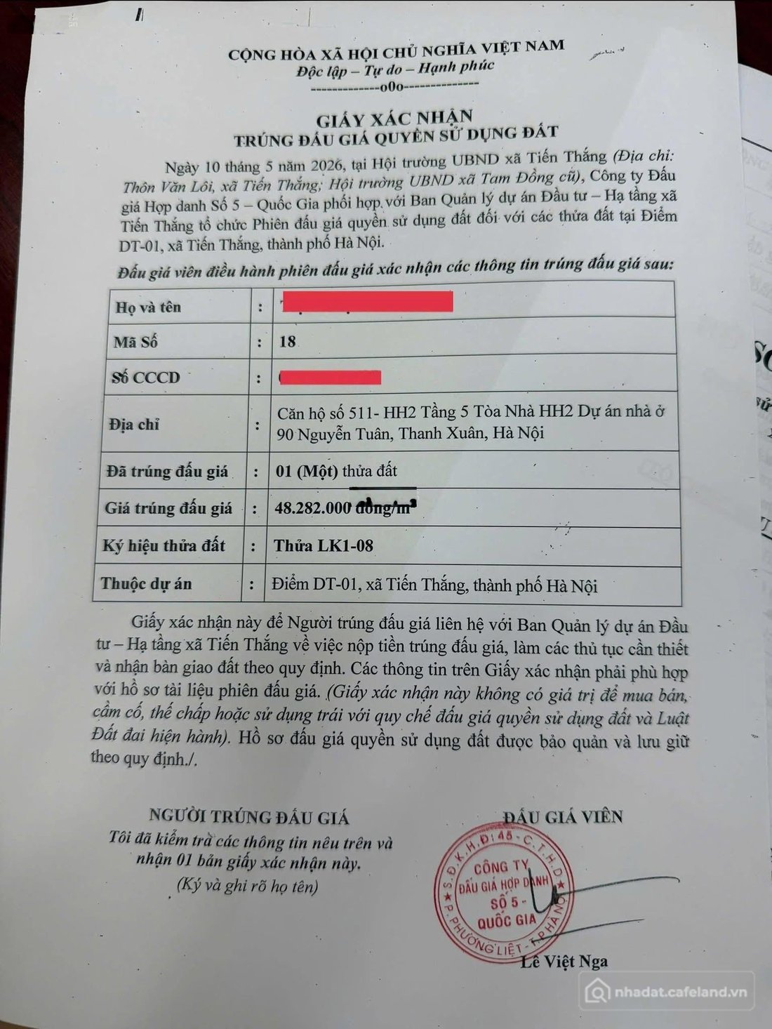 Bán đất thổ cư: Cực hot đấu giá Tiến Thắng, Mê Linh mặt đường kinh doanh, giá cự