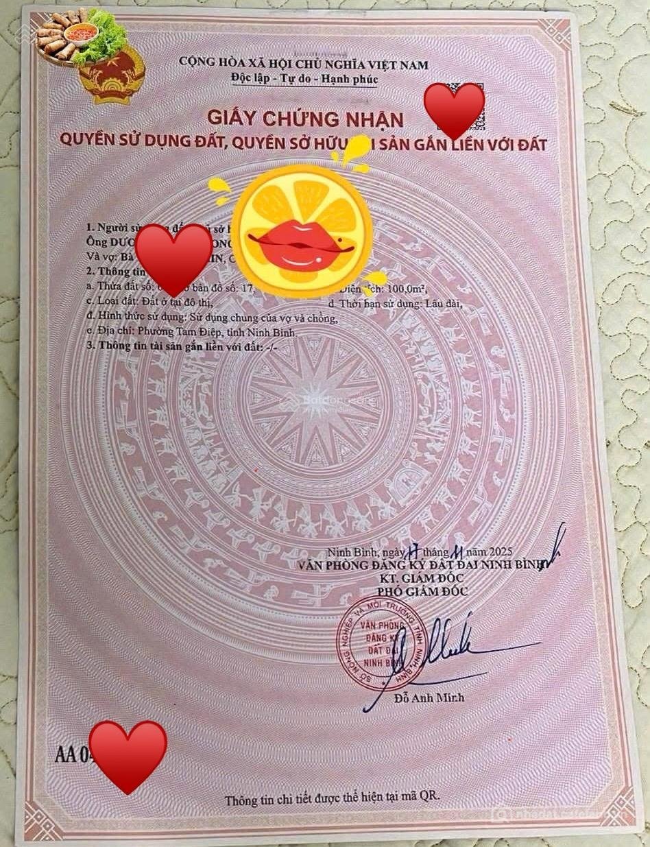Bán đất thổ cư: Bán đất mặt đường Lê Lợi Phường Tam Điệp TP Ninh Bình. DT: 100m2