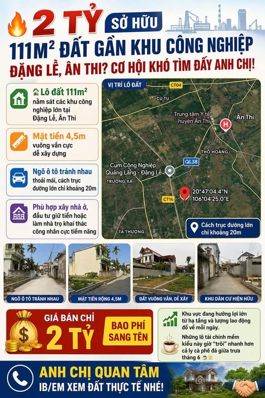 Bán đất thổ cư: Đất vàng 111m² Ân Thi - Sát KCN Đặng Lễ, ngõ ô tô tránh, giá 2 t