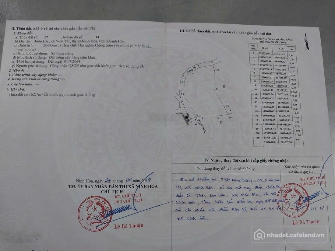 Bán đất thổ cư: Cần bán lô đất Thôn Buôn Lác, Xã Ninh Tây, DT 2.069 m2