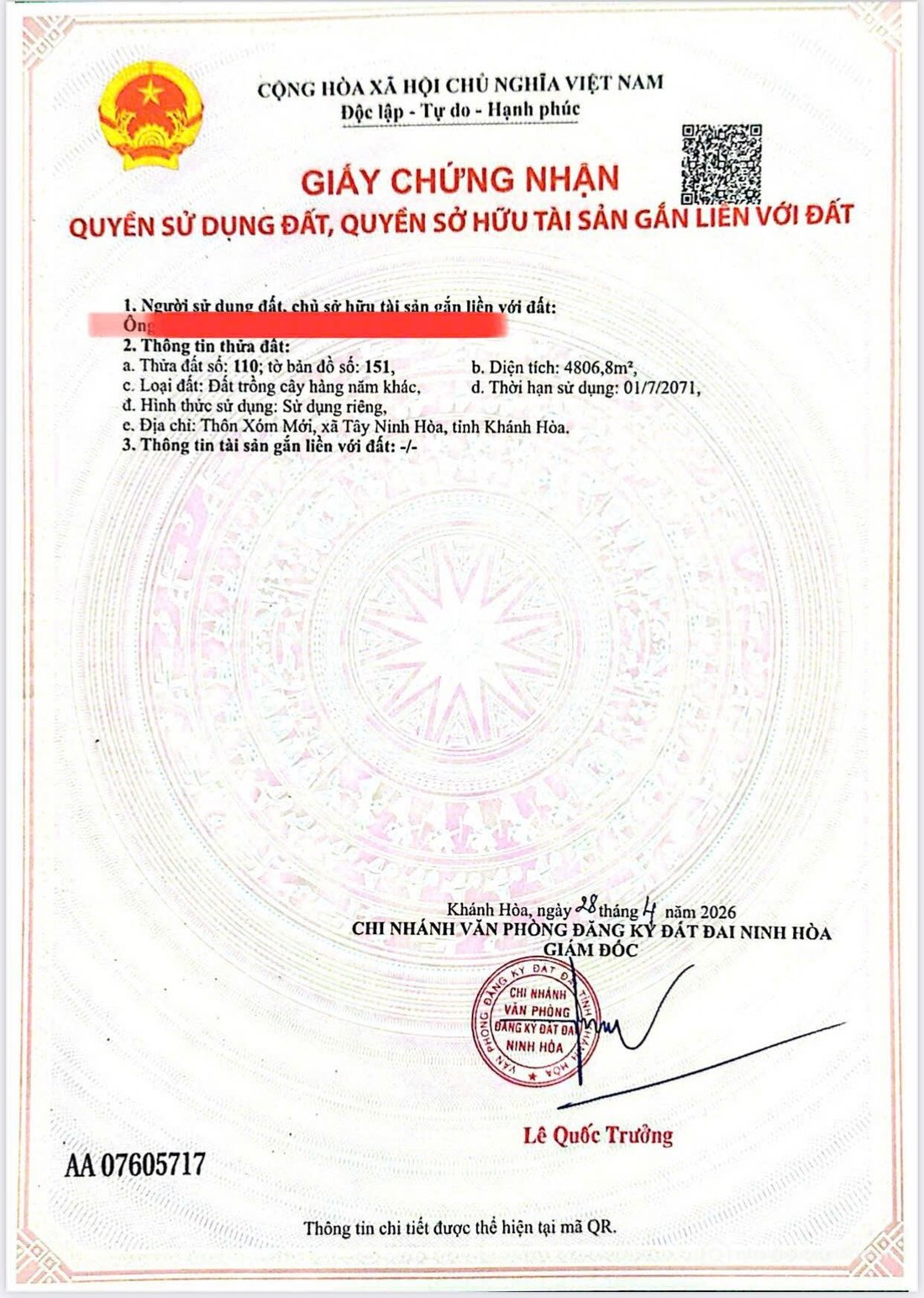 Bán đất thổ cư: Cần bán lô đất Thôn Xóm Mới, Xã Tây Ninh Hòa (Ninh Tây) DT 4.806
