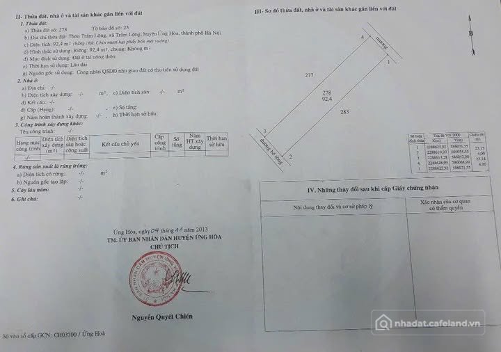 Bán đất thổ cư: Chính chủ gửi bán lô đất 92m2, cách Cienco 20m tại xã Ứng Hoà, k