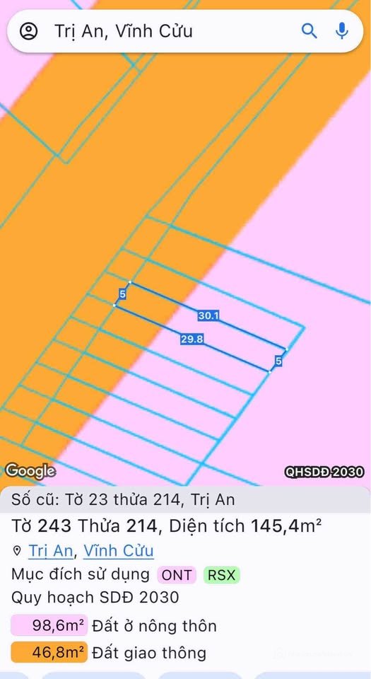 Bán đất thổ cư: Bán đất thổ cư 100m2 mặt tiền 5m, đường 18m, Vĩnh Cửu, Đồng Nai