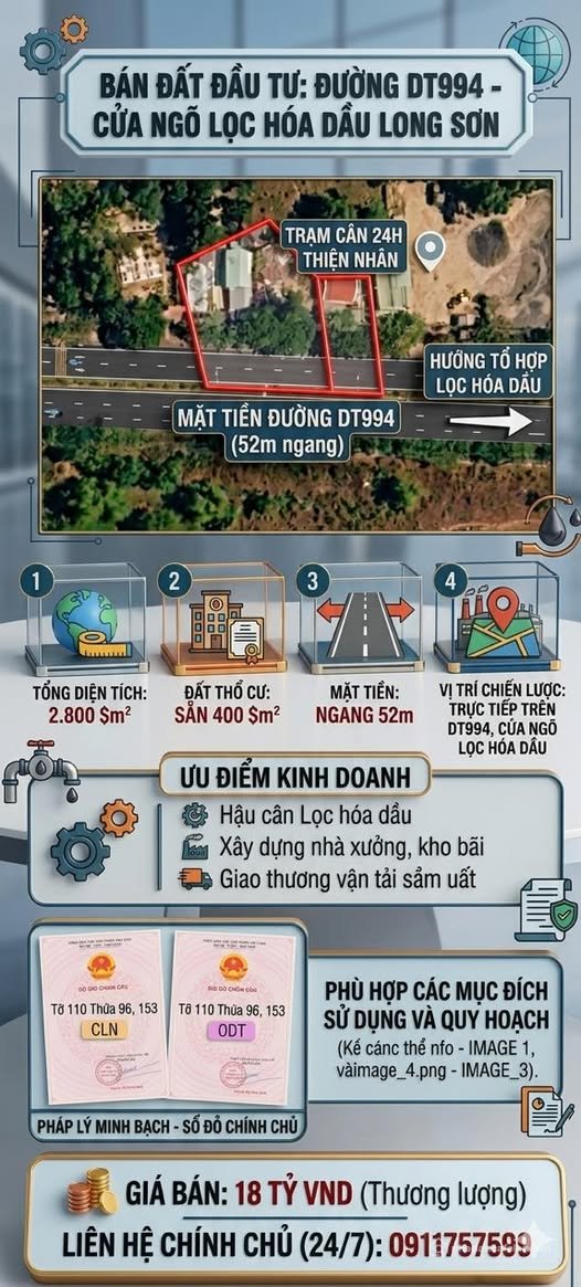 Bán đất thổ cư: Bán đất mặt tiền DT994, đường vào Lọc Hóa dầu Long Sơn, giá 18 t