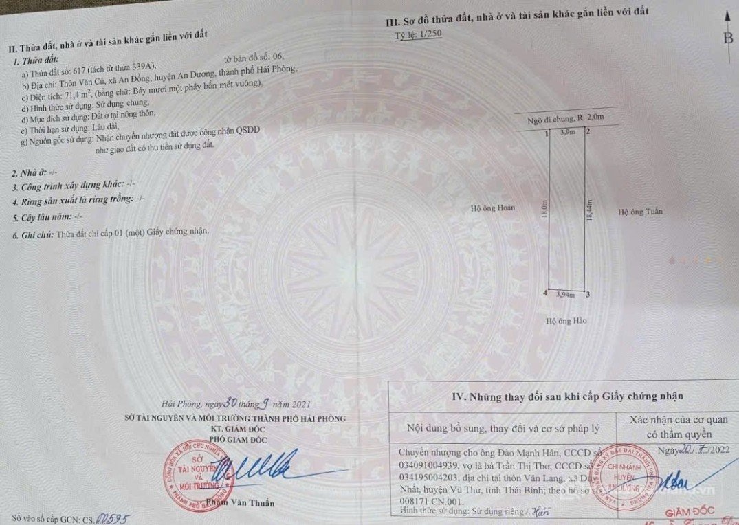 Bán đất thổ cư: Bán đất 71,5m2 tại Văn Cú, An Đồng, Hải Phòng, giá tốt