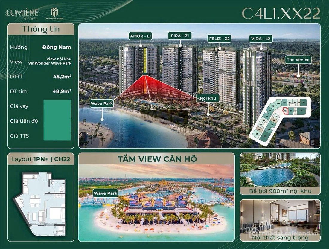 Bán căn hộ chung cư: Cắt lỗ 500 triệu căn 1N + view trực diện hồ tạo sóng Wonder