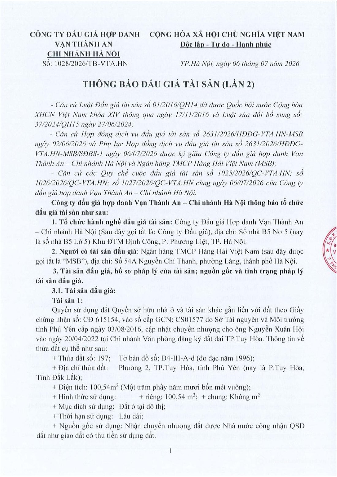 Bán đất thổ cư: Thông báo đấu giá Quyền sử dụng đất và tài sản gắn liền với đất