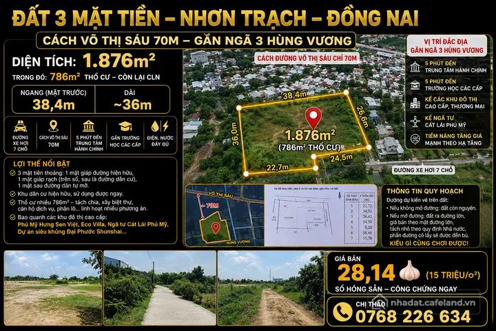 Bán đất thổ cư: Bán Đất 1876m2 có sẵn 786 m2 thổ cư giá 28.14 tỷ tại Đường Võ Th