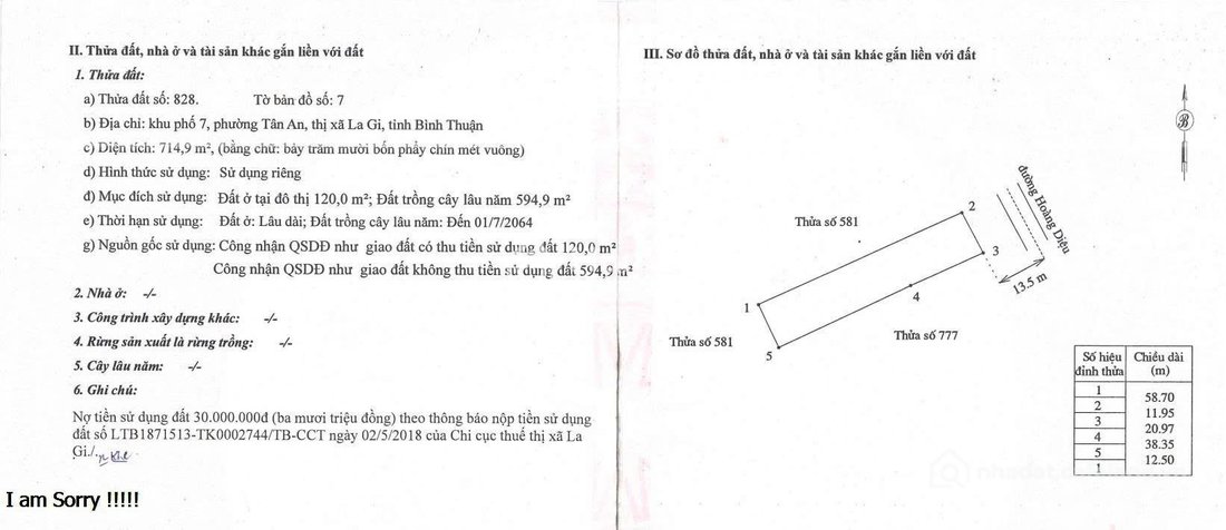 Bán đất thổ cư: Bán đất tại La Gi, Bình Thuận, 5,5 tỷ, 714,9m2 đẹp xuất sắc, 120
