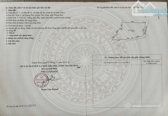 Bán đất thổ cư: 7713m đất Ở View Hồ quảng phú thọ xuân làm nghĩ dưỡng rất đẹp