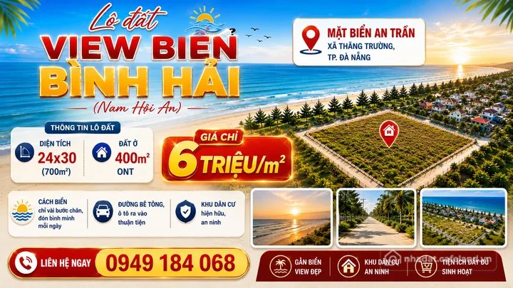 Bán đất thổ cư: Lô đất view biển Bình Hải (Nam Hội An) - Chỉ cách biển một lô đấ