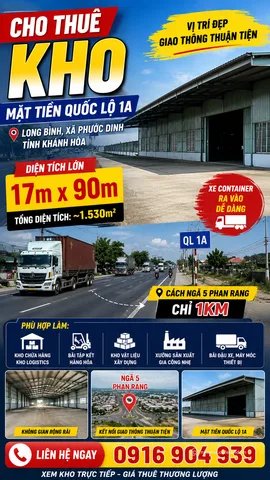 Cho thuê nhà kho - Xưởng: CHO THUÊ KHO MẶT TIỀN QUỐC LỘ 1A – LONG BÌNH NINH THUẬ