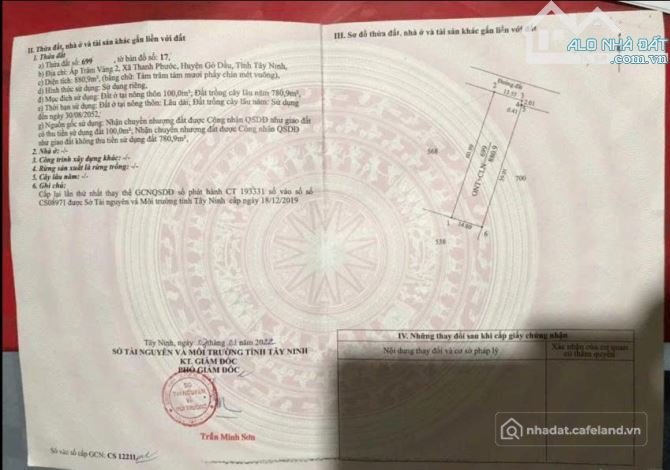 Bán đất thổ cư: Cần bán đất ở diện tích 881m2 xã Thanh Phước, huyện Gò Dầu, tỉnh