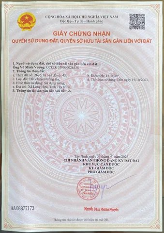 Bán đất thổ cư: Bán Đất 1210m2 giá 7 tỷ tại Đường ĐT 826 Xã Long Hựu Tây Huyện C