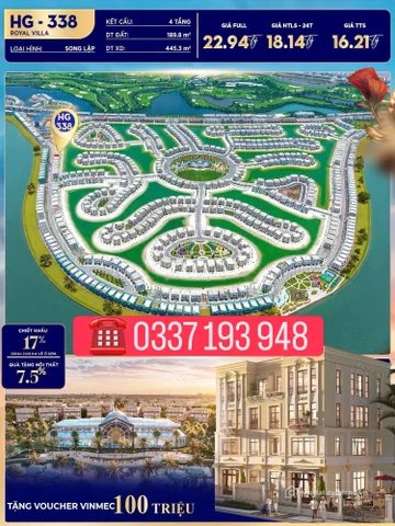 Bán nhà riêng: Bán căn biệt thự song lập 190m2 HG-338 khu Hoàng Gia Vinhomes Vũ 
