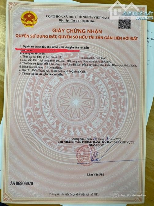 Bán đất thổ cư: Lô đất tách hai lô cực hời ở xã bình sơn tỉnh quảng Ngãi