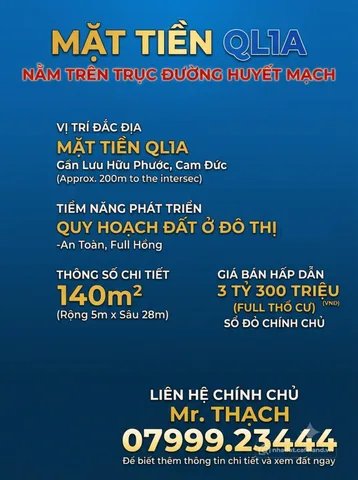 Bán đất thổ cư: Mặt Tiền QL 1A Cam lâm - Khánh Hoà