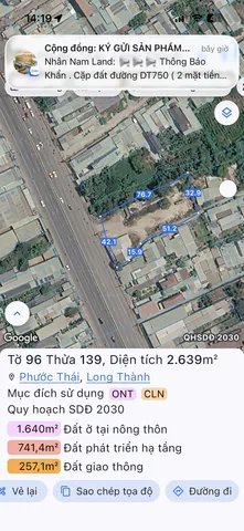 Bán đất thổ cư: Bán Đất 2639m2 có sẵn 300 m2 thổ cư giá 42 tỷ tại Xã Phước Thái 