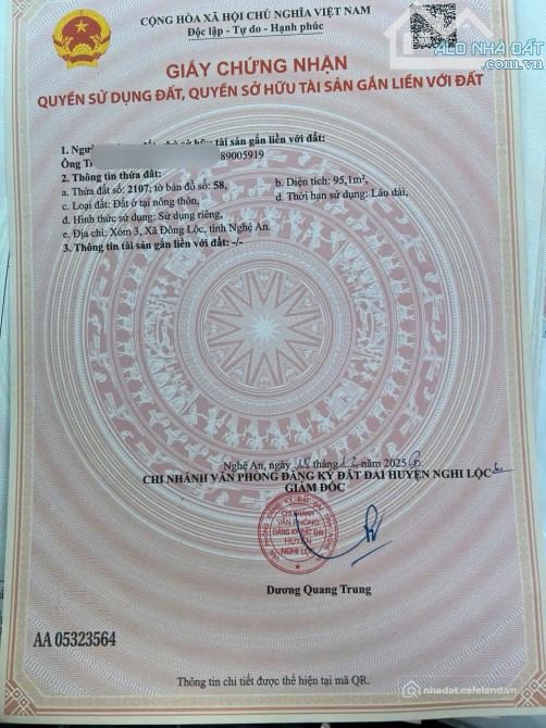 Bán đất thổ cư: Bán lô đất đẹp xóm 3 , Nghi Thạch ( Đông Lộc mới ) - Diện tích 9