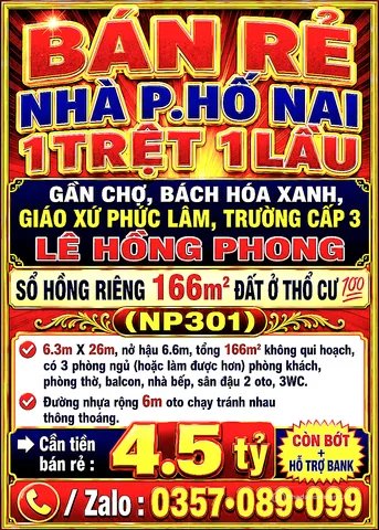 Bán nhà riêng: 166m2 BÁN RẺ NHÀ HỐ NAI, 1TRỆT 1LẦU, GẦN GIÁO XỨ PHÚC LÂM, SỔ HỒN