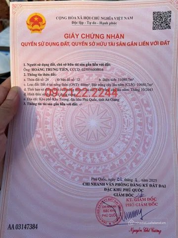 Bán đất thổ cư: Bán đất 11081m² mặt tiền 196m giá 22.16 tỷ Khu Tượng Cửa Dương Đ